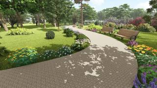 小巷在一个公共花园，有花和长椅的两侧视频素材模板下载