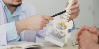 慢动作场景在物理治疗师的手指向人体骨骼在下背部，建议和咨询患者治疗在办公室为保健概念