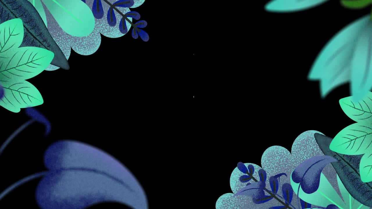 动画框架的绿色和蓝色的树叶与时钟在黑色的背景