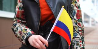 一个拿着哥伦比亚国旗的陌生女人。女孩拿着哥伦比亚国旗走在街上