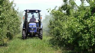 农民驾驶拖拉机和喷洒苹果园-慢动作视频视频素材模板下载