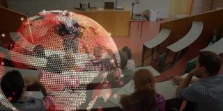 在教室里的老师和学生与网络连接的发光的地球仪的动画