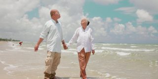 年老的亚洲夫妇度假散步和欣赏海景。快乐的退休年龄，在热带海滩享受假期。夏日旅游，青春回忆概念