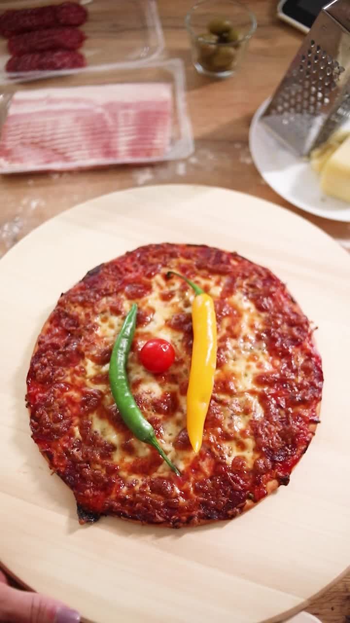 新鲜的意大利披萨放在木制的旋转板上。