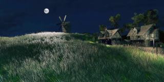 在夜空中满月的黑暗夜晚，有古老风车的中世纪村庄