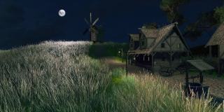 空的中世纪村庄与老风车在黑暗的夜晚3D动画