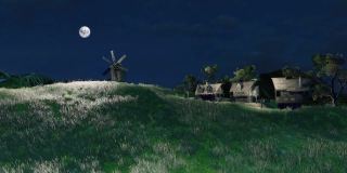 在黑暗的夜晚，有半木制的房子和古老的风车的乡村景观