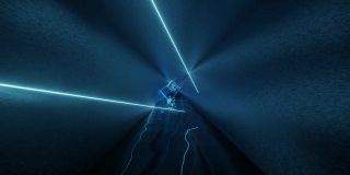 3d渲染的蓝色霓虹灯内的金属隧道。一个无缝的循环运动图形与最小的动画背景。