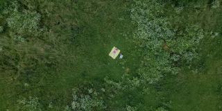 一个女人在绿色的草地上晒太阳。他趴在一张黄色的地毯上。航空摄影。