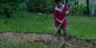孩子们用铁锹挖土
