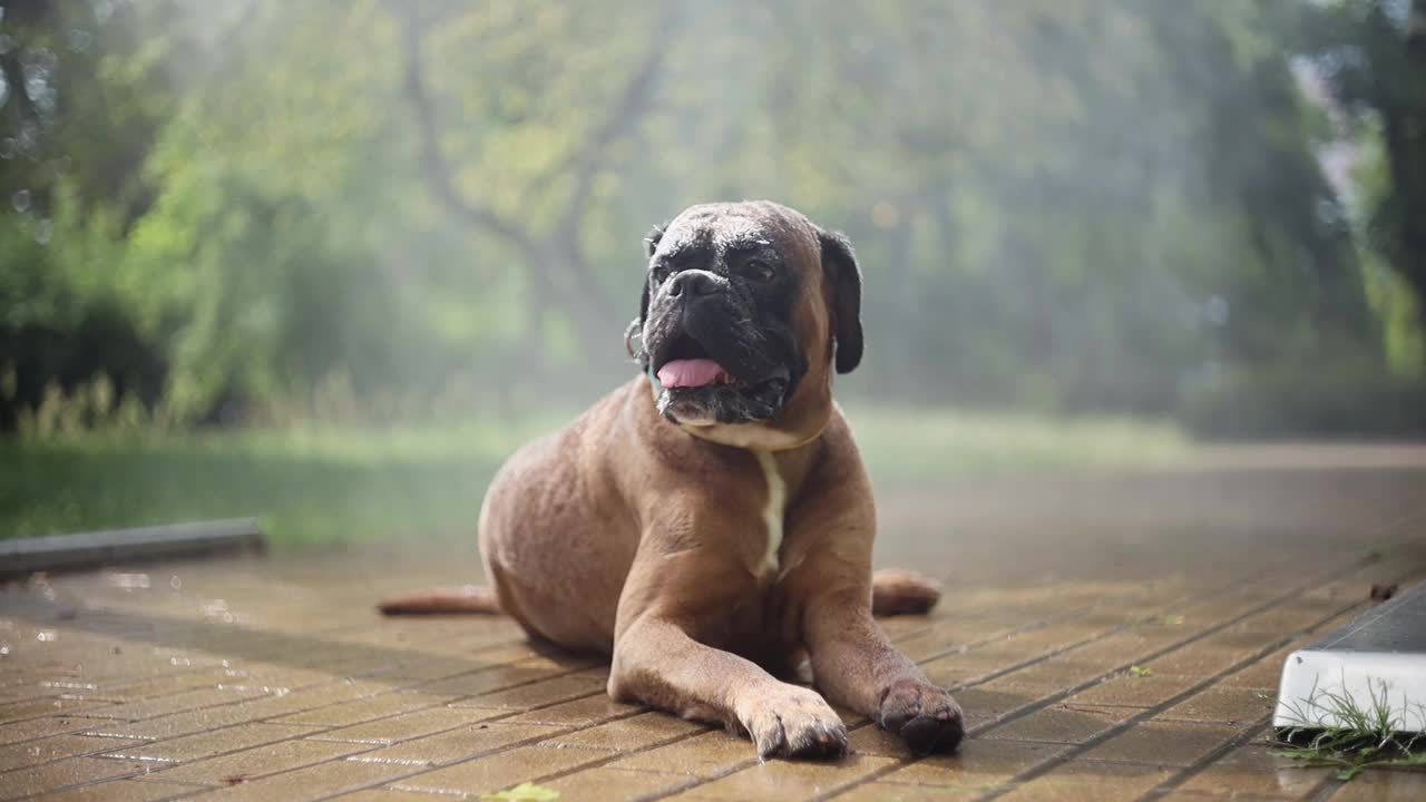 炎炎夏日，一只拳师犬在水帘旁乘凉。