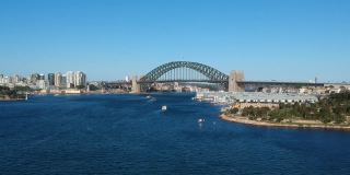 全景无人机鸟瞰悉尼港大桥，中央商务区，北悉尼，巴兰加鲁，薰衣草湾和船只在视野