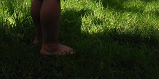 特写婴儿的脚赤脚走在绿色草地上的院子或花园。慢镜头小孩赤脚走在草地上。炎热的夏天，孩子们在公园里玩耍。童年、家庭、职业、运动概念