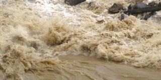 春季暴雨期间，河水浑浊，河水泛滥。