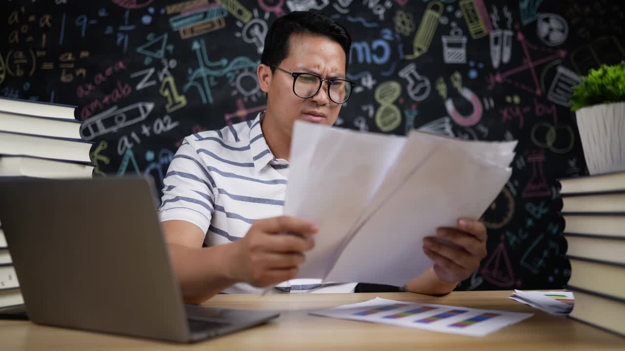 疲惫的年轻教师在检查网上教学的文书工作后