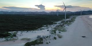 从无人机的角度看日落时海滩上的风力发电场