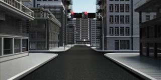 自动驾驶汽车在十字路口连接“智慧城市”控制系统，俯视图，4k动画。