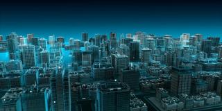 智能城市的无线智能传感器图标，连接“人工智能”技术。蓝色x射线鸟瞰图。4 k动画。