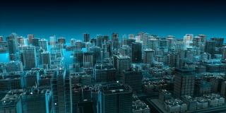 智能城市的无线智能传感器图标，连接“互联网”技术。蓝色x射线鸟瞰图。4 k动画。