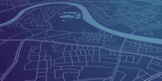 城市网格地图的动画。鸟瞰图，gps地图导航系统。城市街道，搜索方向，追踪或地址。测绘技术和定位定位高科技运动背景