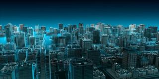 智能城市上的无线智能传感器图标，连接“商业计划”技术。蓝色x射线鸟瞰图。4 k动画。