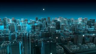 智慧城市上各种智能传感器图标，连接云计算技术。蓝色x射线鸟瞰图。4 k动画。视频素材模板下载