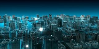 智能城市的无线智能传感器图标，连接“云”计算技术。蓝色x射线鸟瞰图。4 k动画。