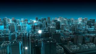 智能城市的无线智能传感器图标，连接“云”计算技术。蓝色x射线鸟瞰图。4 k动画。视频素材模板下载