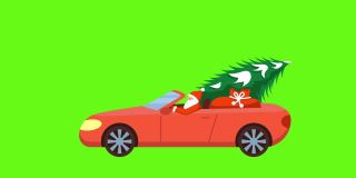 圣诞老人开着一辆红色的车，上面有一棵圣诞树，绿色的背景上放着礼物。