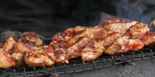 羊肉串。在木炭烤架上煎炸的猪肉或羊肉块。在休息时煎烤肉块。街头食品。美食节。赌注下的猪肉。炒猪肉。