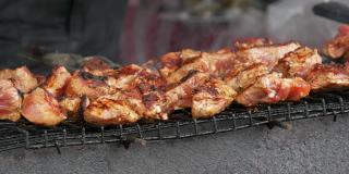 羊肉串。在木炭烤架上煎炸的猪肉或羊肉块。在休息时煎烤肉块。街头食品。美食节。赌注下的猪肉。炒猪肉。