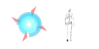 数字动画的圆形范围扫描仪和人体骨骼行走在白色的背景