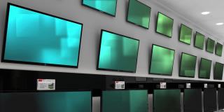一排排闪烁着绿色屏幕的电视机的动画在商店里