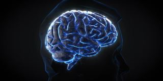 人类大脑的数字电子活动，蓝色背景上的闪光和闪电。三维渲染
