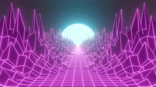 20世纪80年代暗紫粉红霓虹灯星系空间与地平线山的3D动画。80年代复古未来赛博朋克城市背景抽象网格景观设计动态图形。4 k的视频。视频素材模板下载