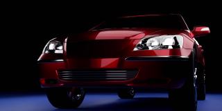 3d渲染红色汽车在黑暗的一面在蓝色的背景