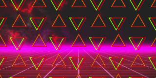 动画旋转的绿色和红色三角形在粉红色网格和发光的粉红色地平线