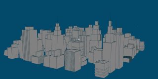 数字动画的网络连接与三维城市模型旋转在蓝色的背景