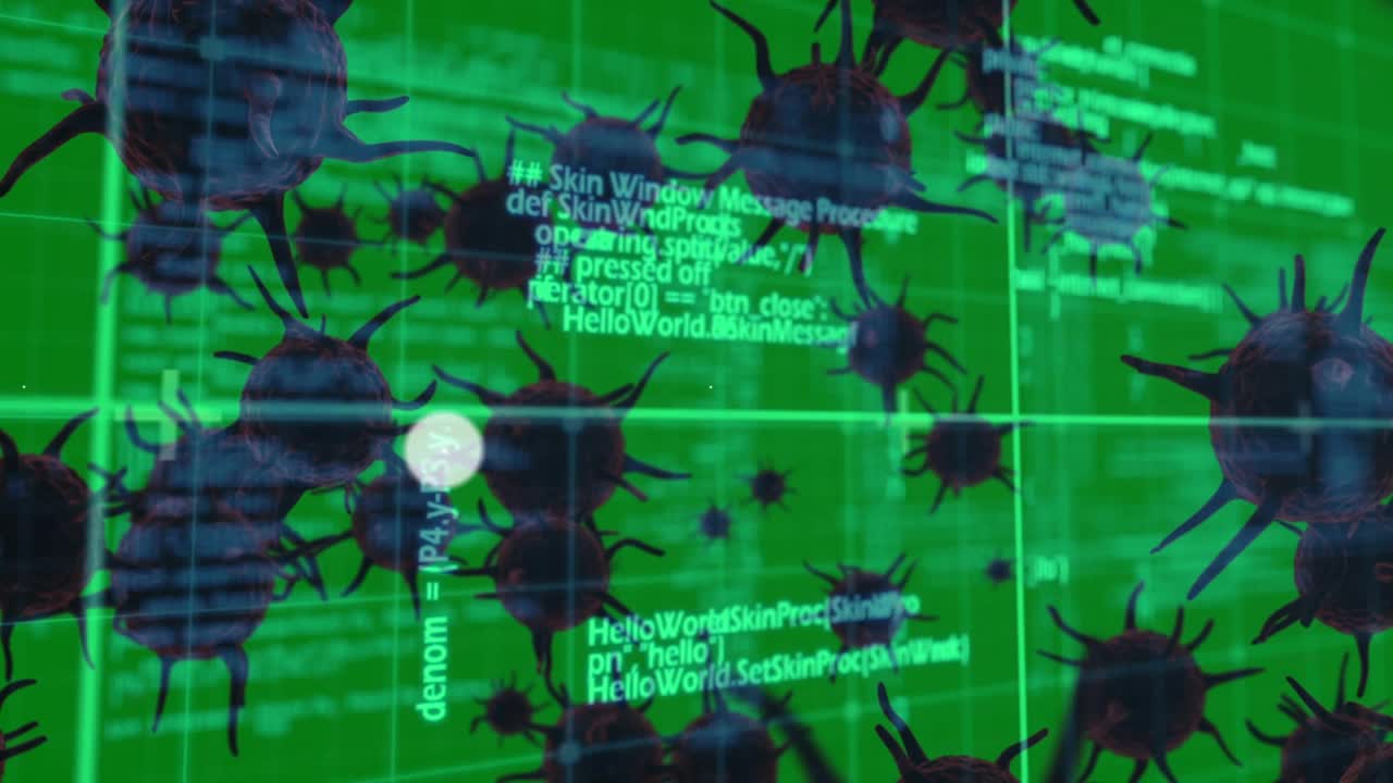 绿色背景上的多个covid-19细胞的数字图标和数据处理网络