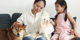 亚洲母亲和女儿和他们的狗在家里