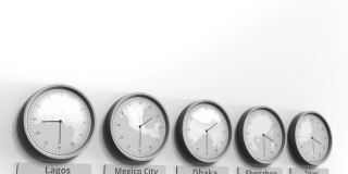 世界时区内的达卡、孟加拉国时间的圆形时钟。概念3 d动画