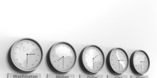 不同时区的时钟显示美国达拉斯时间。概念3 d动画