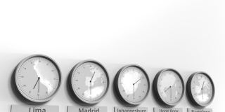 圆形时钟显示约翰内斯堡，南非时间在世界时区内。概念3 d动画
