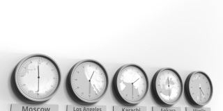 在世界时区内显示巴基斯坦卡拉奇时间的圆形时钟。概念3 d动画