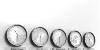 在世界时区内，圆形时钟显示巴西里约热内卢时间。概念3 d动画