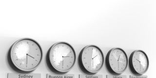 时钟显示圣地亚哥，圣地亚哥的智利时间在不同的时区。概念3 d动画