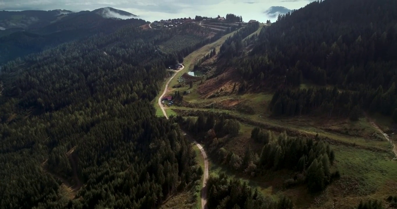 鸟瞰图的绿色松林在高山峻岭无人机飞行以上的道路