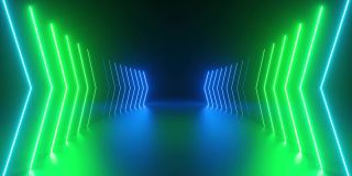 3d循环动画，抽象的绿色蓝色霓虹灯背景与发光的箭头，显示前进的方向