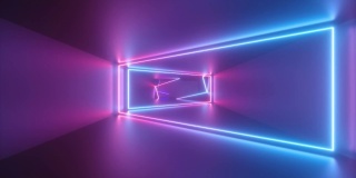 三维抽象循环动画，几何背景与霓虹灯线出现在无尽的隧道。粉蓝发光梯度