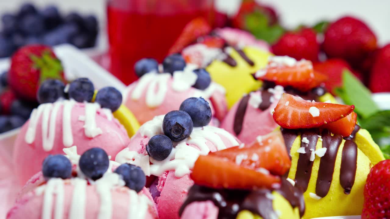 马卡龙，手工制作的精美甜品，用新鲜草莓和蓝莓装饰的巧克力甜点，精致的黄色和粉色蛋糕，糖和健康食品